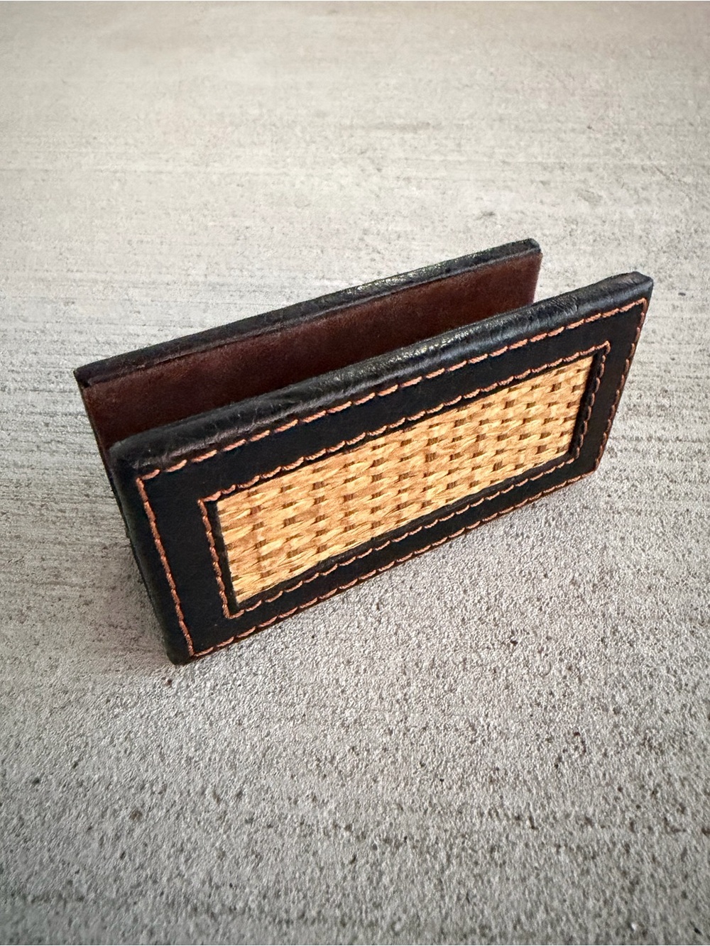 Vintage Mid Century Style Leather & Woven Rattan Letter Holder Mail Organizer De